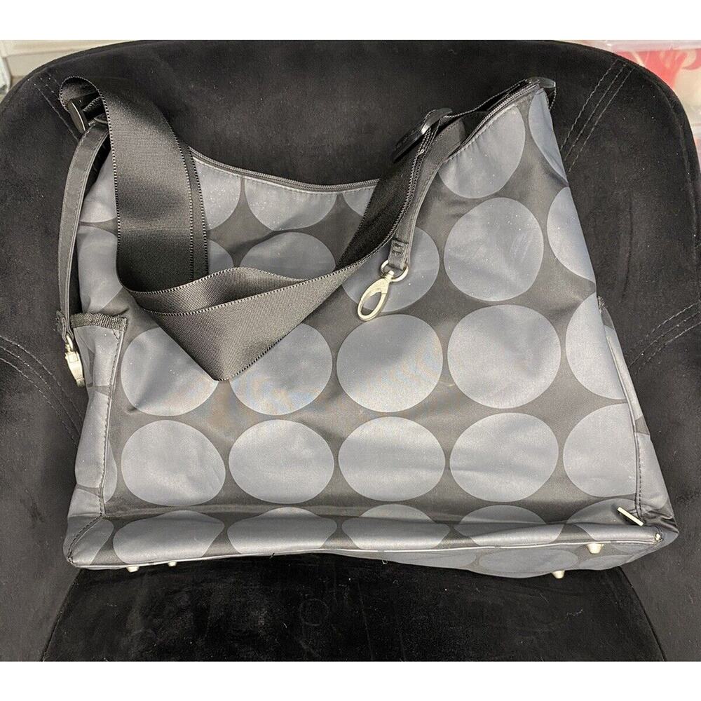 OiOi Polka Dot Print Canvas Diaper Bag Black / Gray Adjustable Strap Pockets